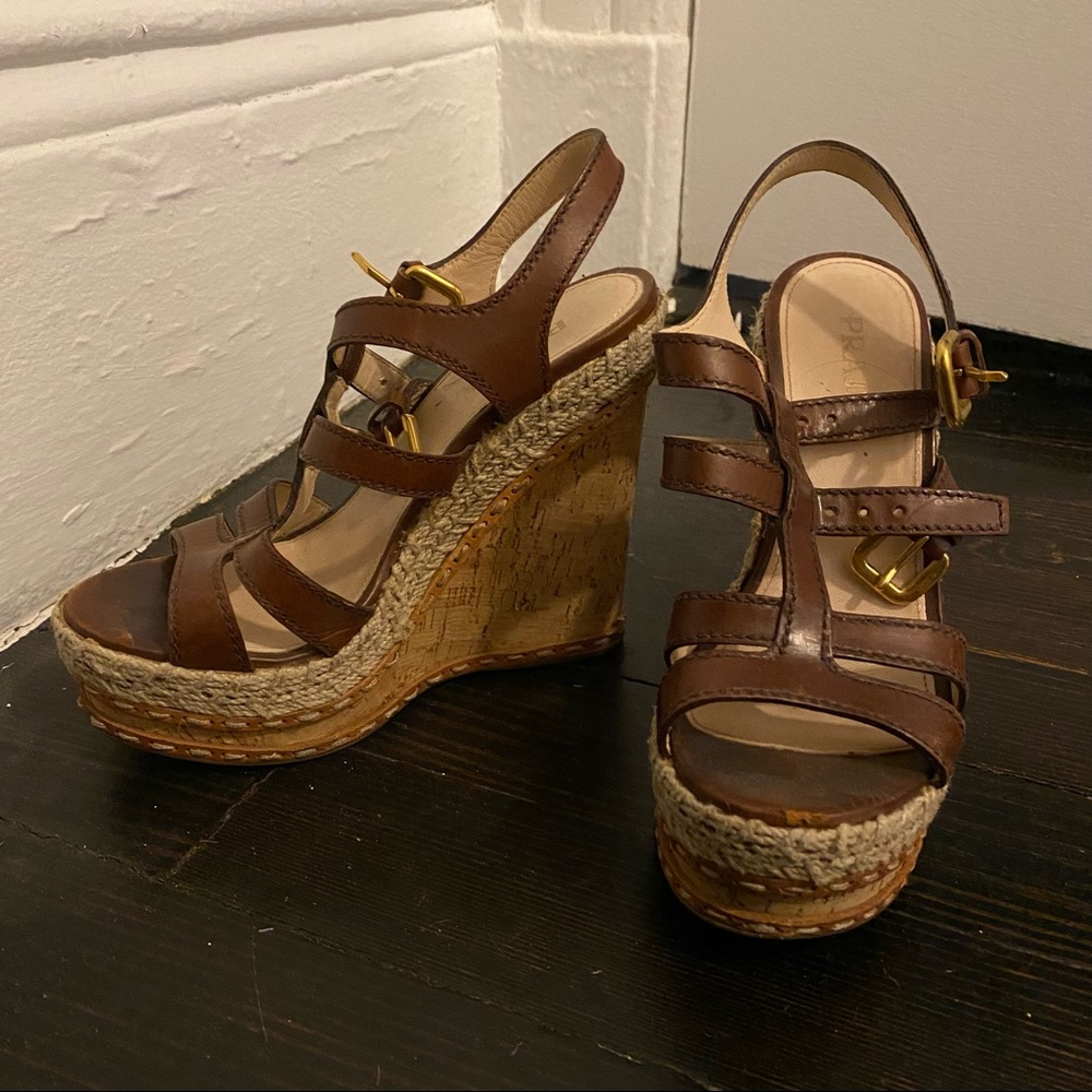Prada Brown Leather and Cork Wedges